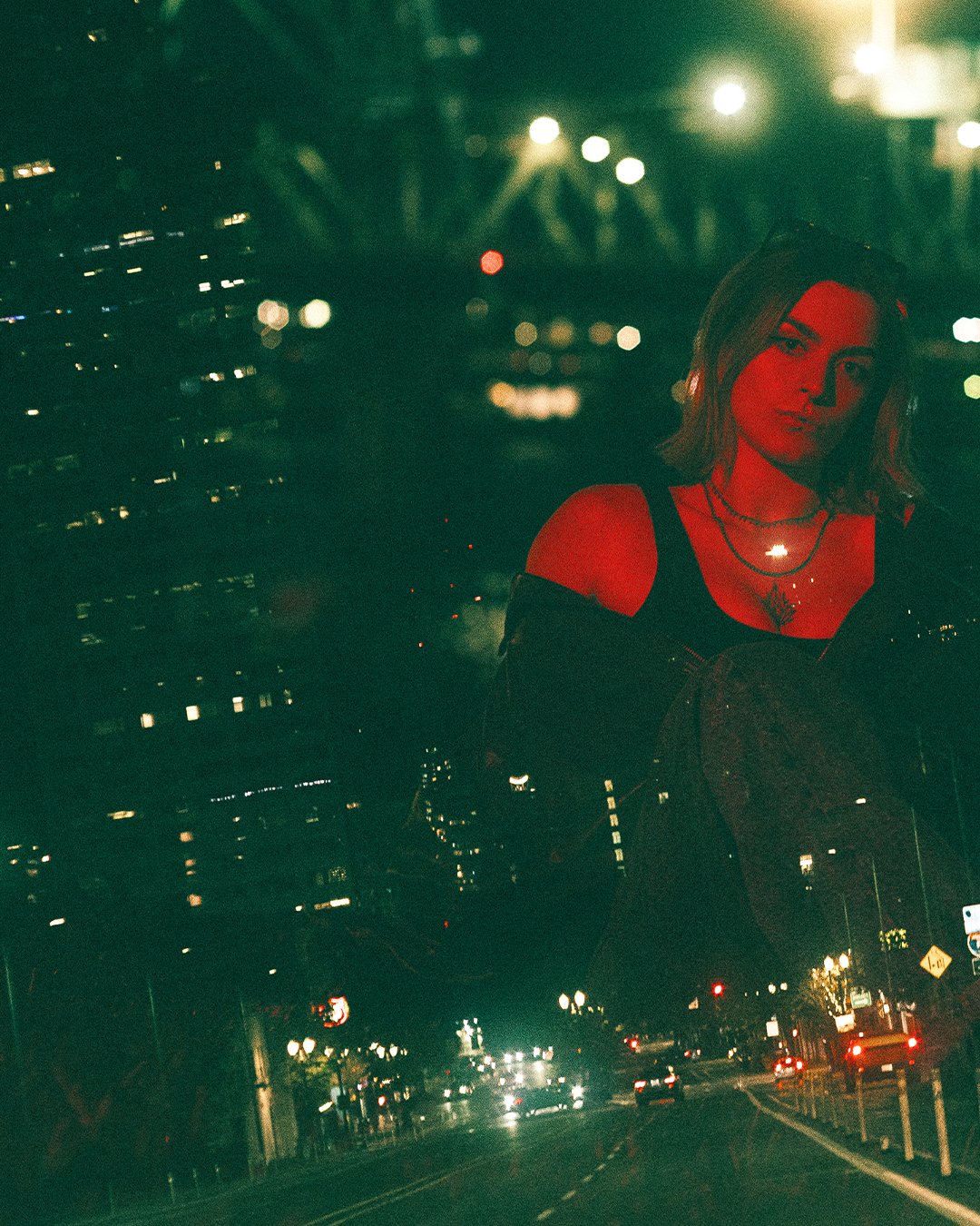 Cinematic Night Portraits in Portland: Red Light, Neon, and Double Exposures — photograph 15 of 20